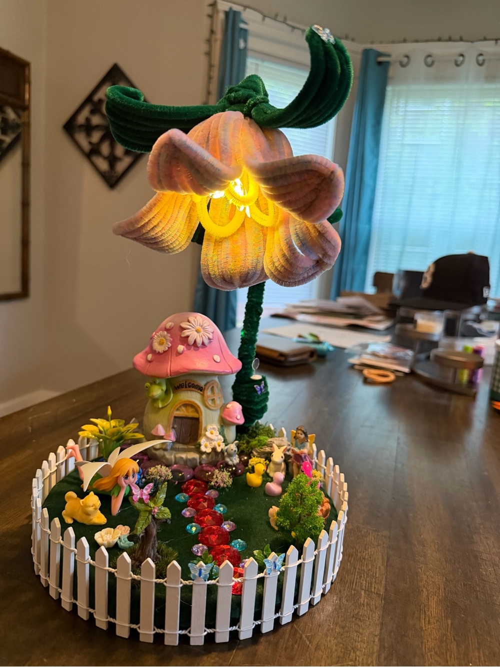 Whimsical Pink Flower Fairy Garden Lamp
